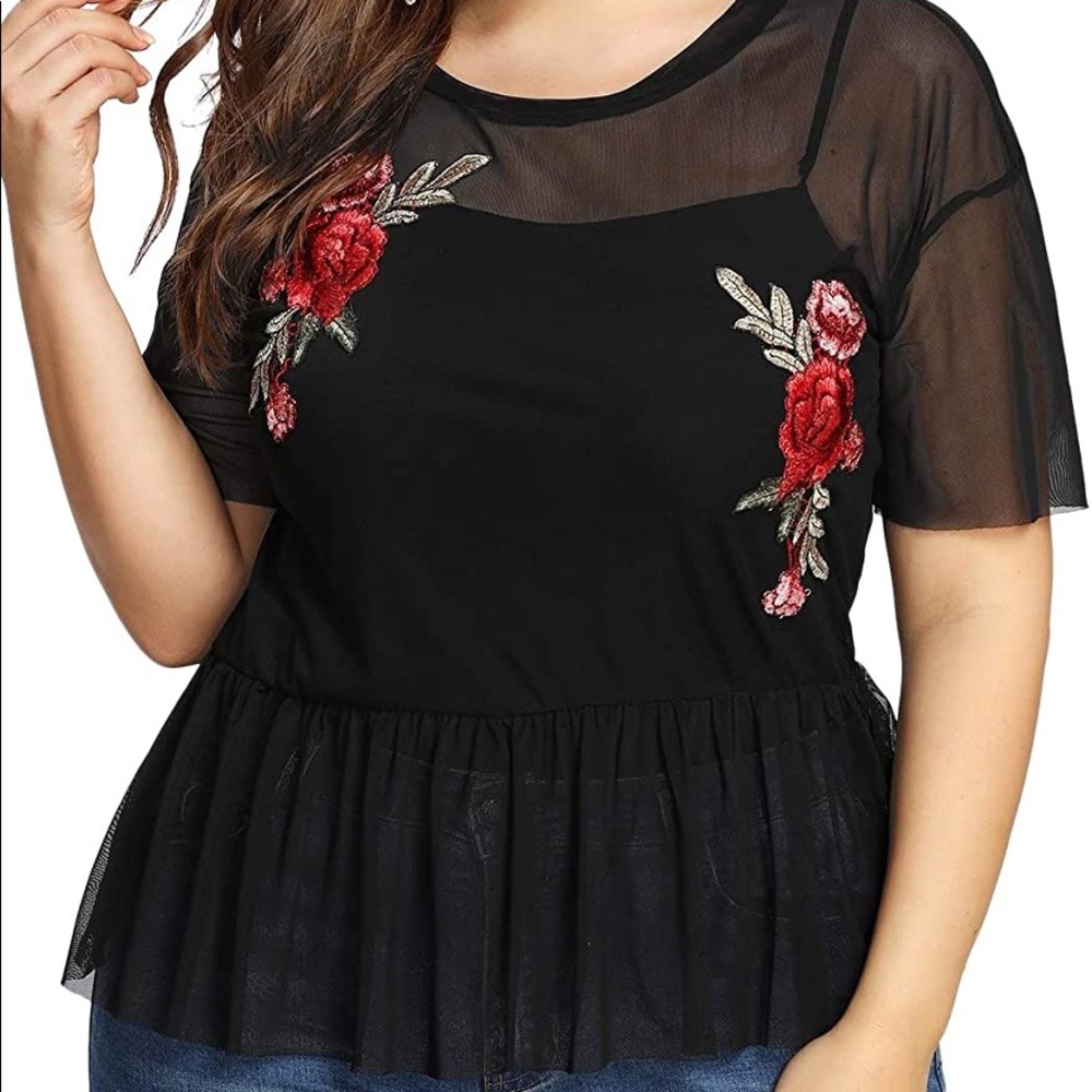 SHEIN Mesh Peplum Top with Floral Appliqué